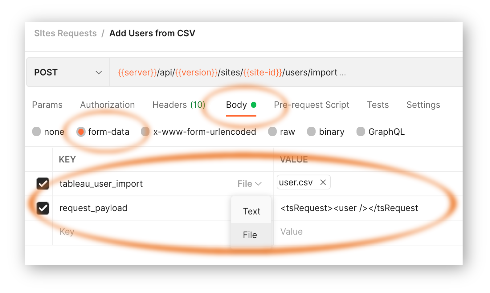 Screen capture of Postman, showing how multipart-form elements appear in the app.