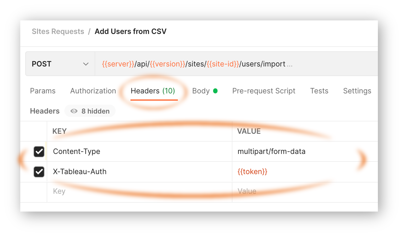 Screen capture of Postman, showing how multipart header elements appear in the app.