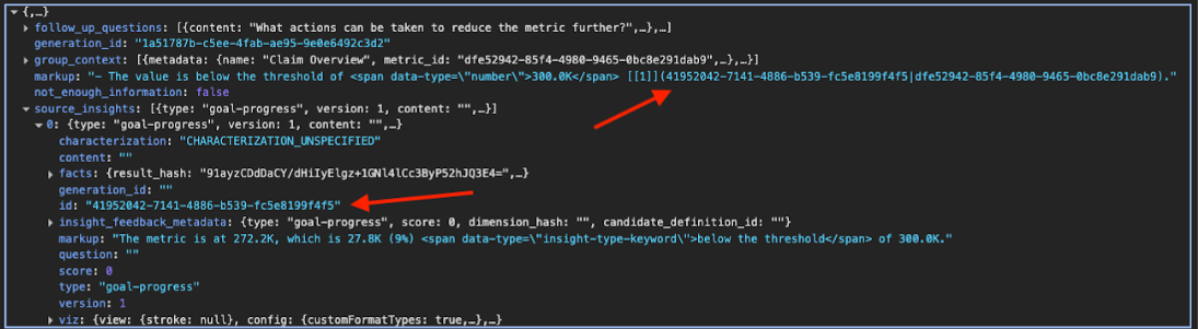 Example showing how a citation in the markup field links to an insight_id and metric_id, with the corresponding insight found in the source_insights field of the response.