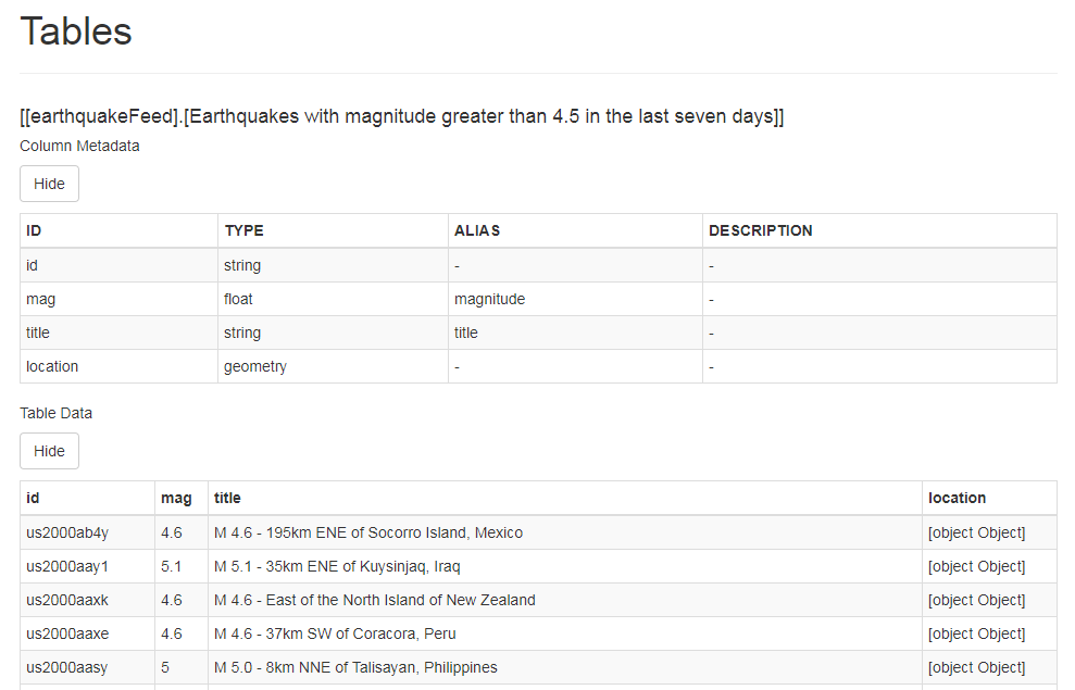 "The earthquake data is displayed in a table on the simulator page."