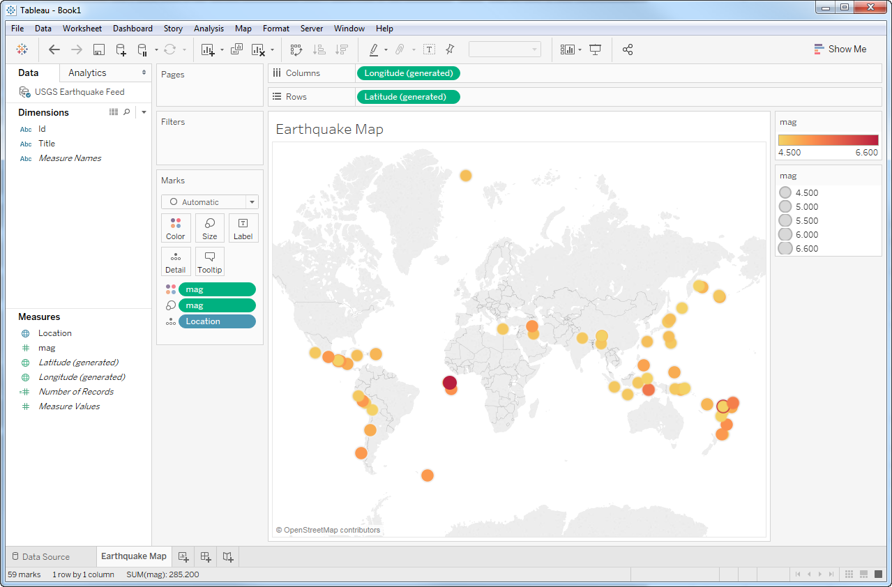 "The earthquake data is displayed on a map in Tableau."