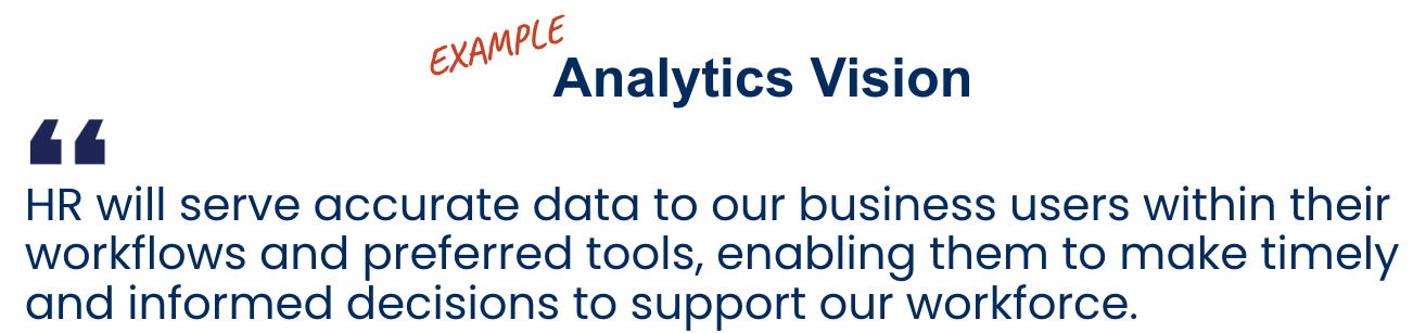 Example Analytics Vision: “HR will serve accurate data to our business users within their workflows and preferred tools, enabling them to make timely and informed decisions to support our workforce.”