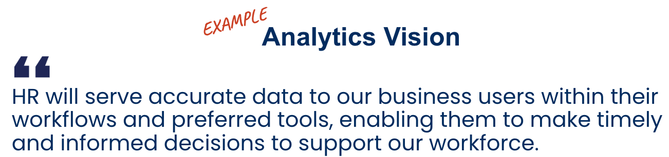 Example Analytics Vision: "HR will serve accurate data to our business users within their workflows and preferred tools, enabling them to make timely and informed decisions to support our workforce."