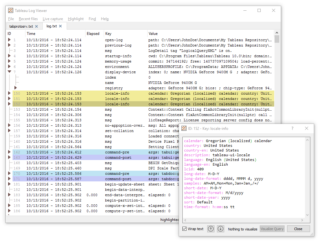 Screenshot di Tableau Log Viewer