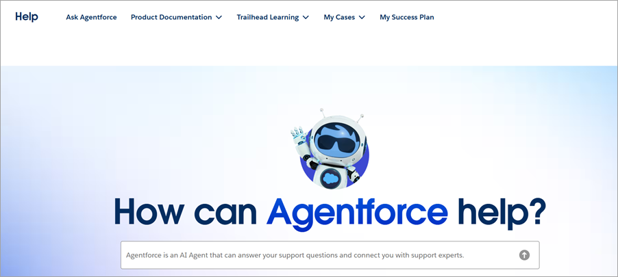 Una página web que muestra Agentforce AI con un cuadro de texto donde puede escribir una pregunta.
