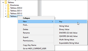 Menu della versione di Tableau che mostra le opzioni per creare una nuova chiave.