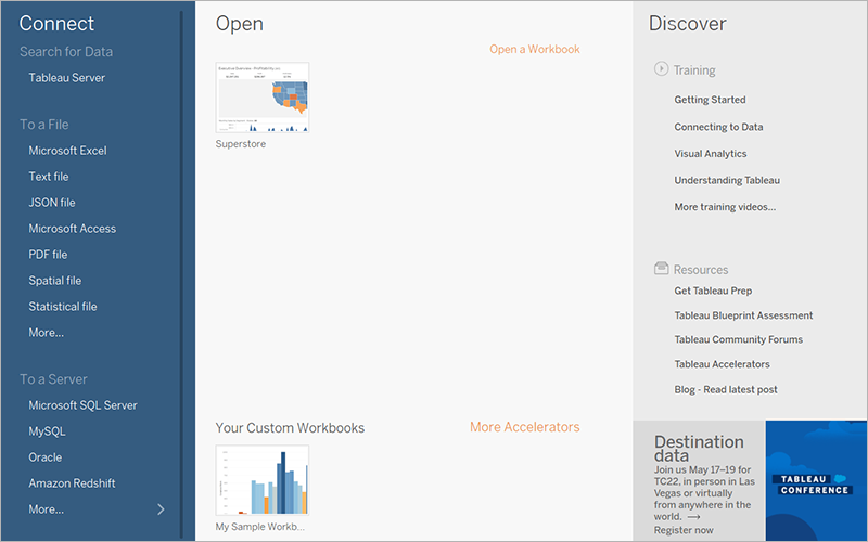 Pagina di connessione di Tableau con cartelle di lavoro personalizzate.