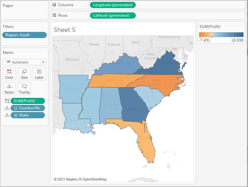 Karte, in der Bundesstaaten abhängig von ihrem Gesamtgewinn blau oder orange gefärbt sind