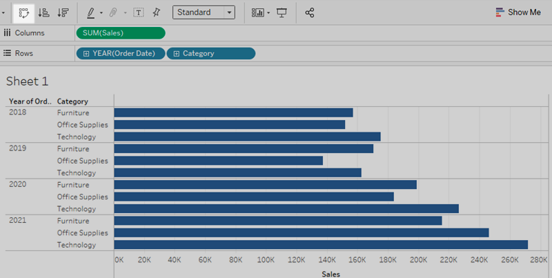 A bar chart that highlights the Swap Rows and Columns icon