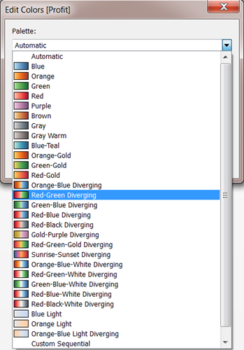 Diverging colour palettes listed in the Edit Colours menu