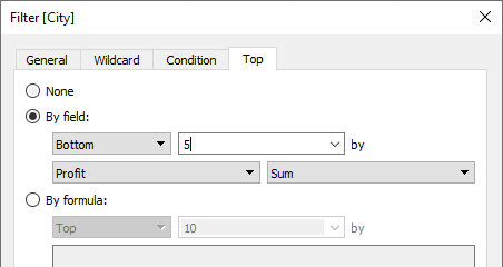 The Top tab of the Filter [City] dialog box that is set to By field: Bottom 5