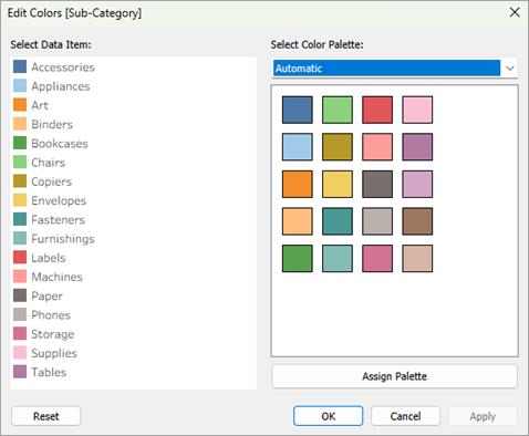 Categorical colour palettes listed in the Edit Colours menu