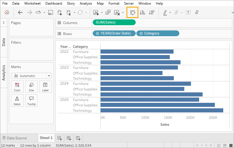 A bar chart that highlights the Swap Rows and Columns icon