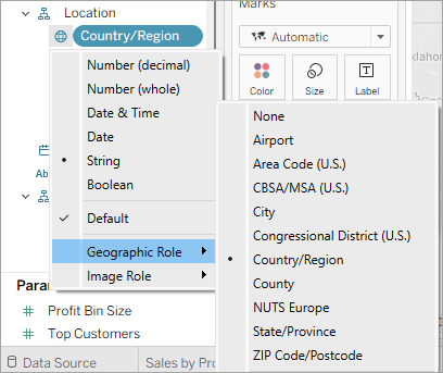 An image of manually assigning geographic roles to fields