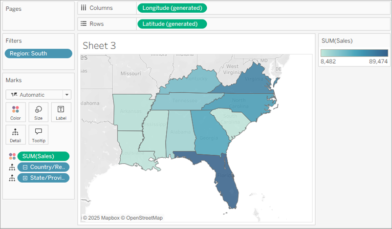 A map of 11 southern US states coloured in various shades of blue