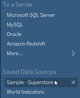 Sample - Superstore listed under "Saved Data Sources"