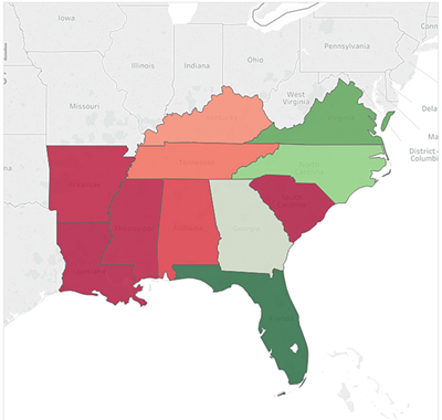 خريطة بألوان متباينة حمراء وخضراء بناءً على إجمالي المبيعات للولاية
