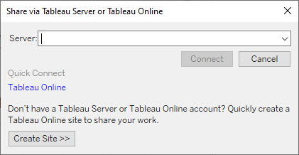 The Share via Tableau Server or Tableau Cloud dialogue box