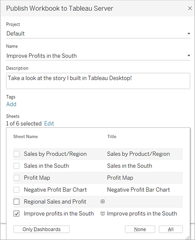 The Publish Workbook to Tableau Server dialogue box 