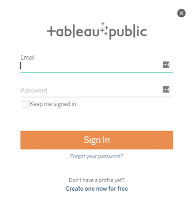 شاشة تسجيل الدخول إلى Tableau Public - الخطوة 8: مشاركة النتائج الخاصة بك