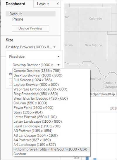 The Dashboard pane menu used to change the size of your dashboard