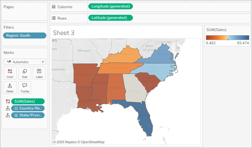 A map with blue-orange diverging colors based on total sales for the state