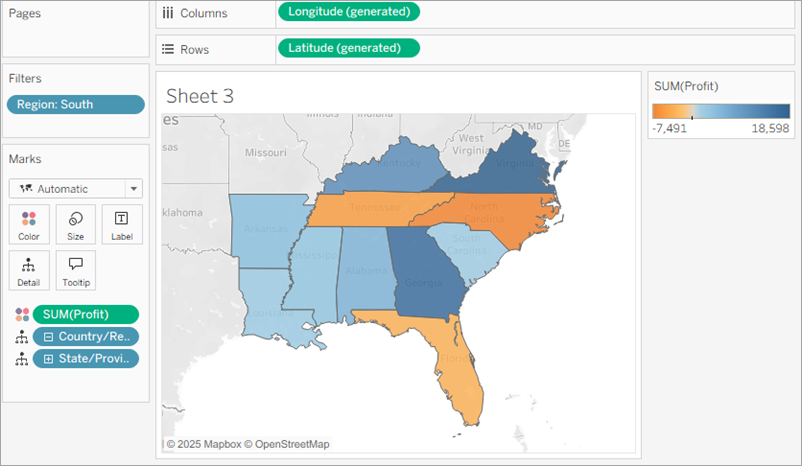 A map with blue-orange diverging colors based on total profits for the state