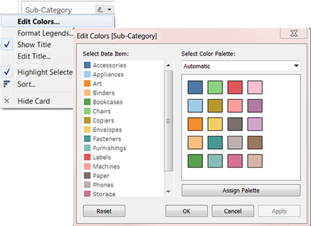 Paletas de colores categóricas enumeradas en el menú Editar colores