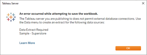 Un cuadro de diálogo Se requiere extracción de datos que dice "Se produjo un error al intentar guardar el libro de trabajo"