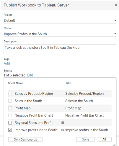 El cuadro de diálogo Publicar libro de trabajo en Tableau Server 