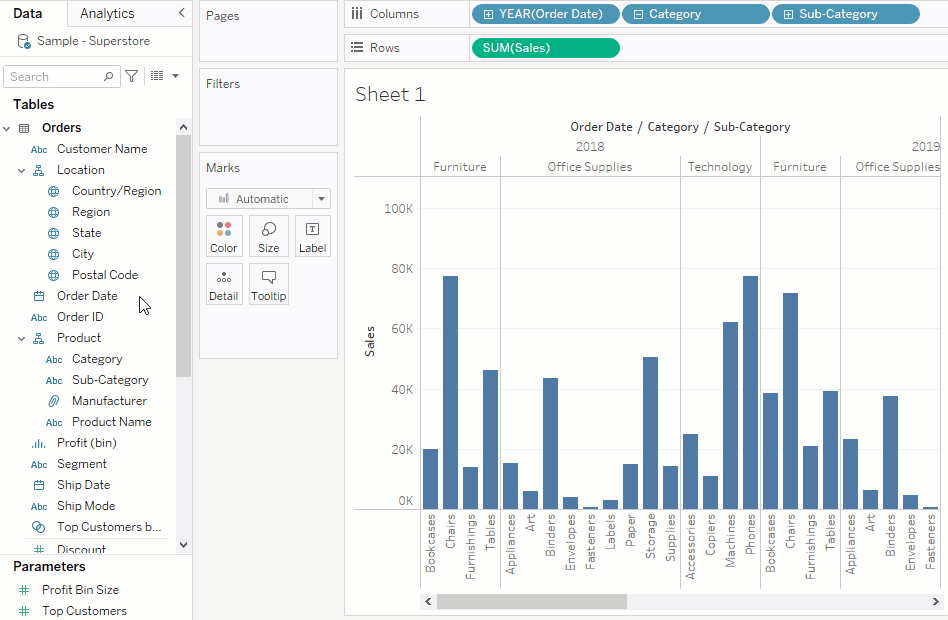 Una animación de seleccionar Mostrar filtro para Fecha de pedido y Subcategoría, y el proceso de filtrar la visualización