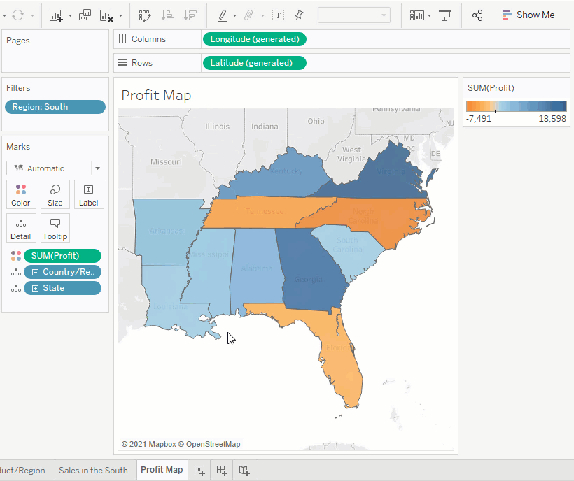 Una animación de cambiar un gráfico de mapa a un gráfico de barras horizontales; conservando datos solo para Florida, Carolina del Norte y Tennessee y agregando datos de la ciudad