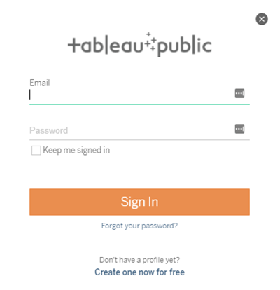 Écran de connexion de Tableau Public