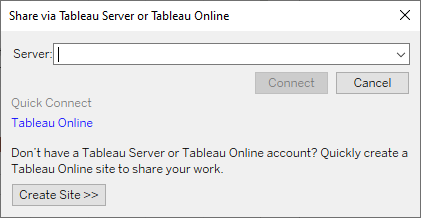 Het dialoogvenster Delen via Tableau Server of Tableau Cloud