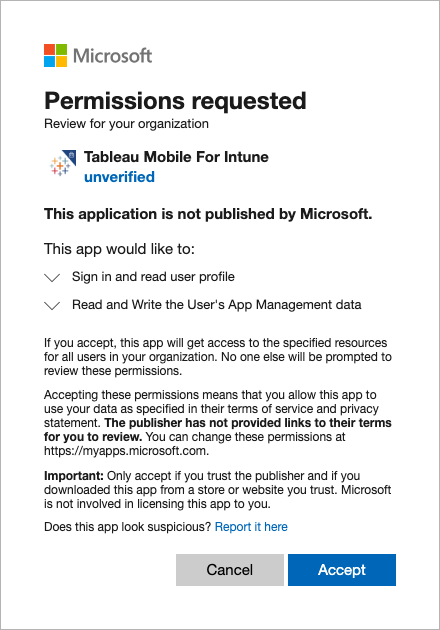 Dialogfeld „Microsoft permissions requested“ (Microsoft-Berechtigungen angefordert)