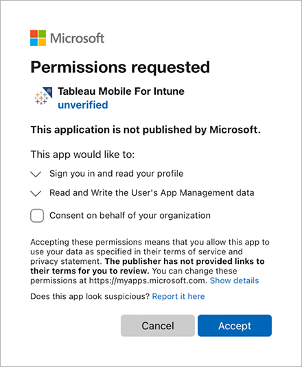 Dialogfeld „Microsoft permissions requested“ (Microsoft-Berechtigungen angefordert)
