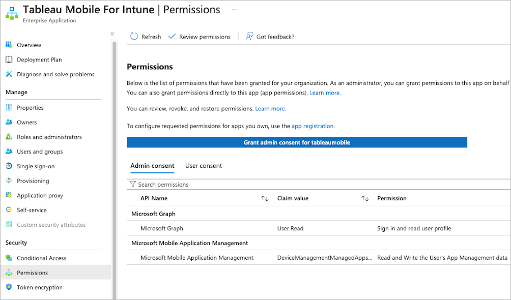 Tableau Mobile for Intune Permissions