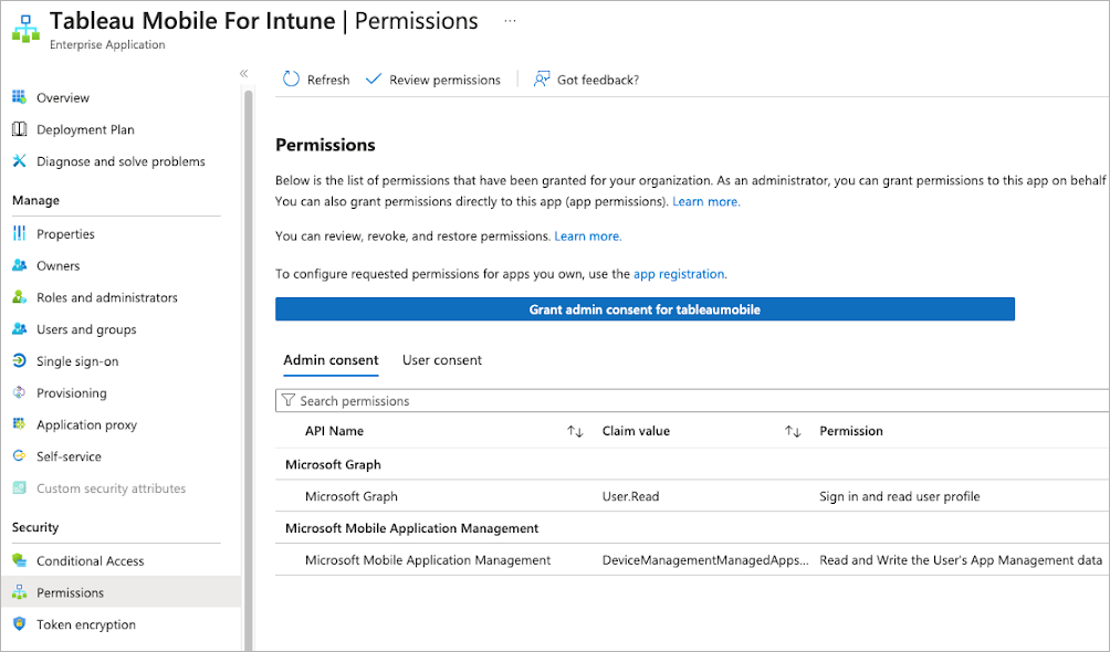 สิทธิ์ของ Tableau Mobile สำหรับ Intune