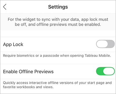 Widget-spezifischer Einstellungsbildschirm für „App-Sperre“ und „Offlinevorschauen aktivieren“