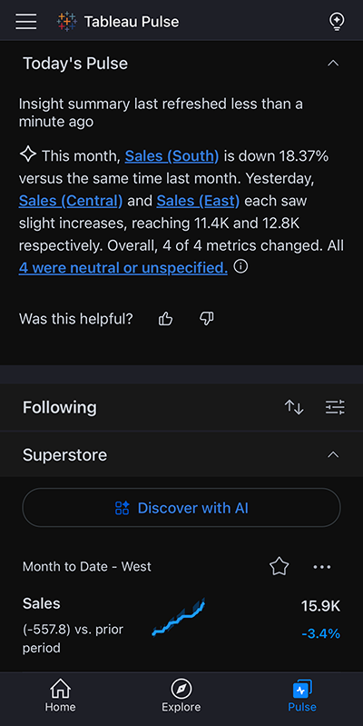 Pulse tab with metrics in dark mode