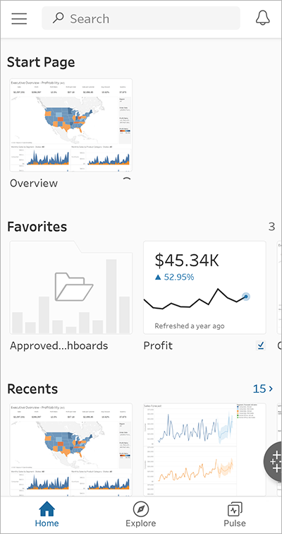 Schermata Home di Tableau Mobile