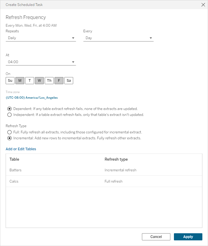 Dialogfeld "Geplante Aufgabe erstellen" in Tableau Cloud