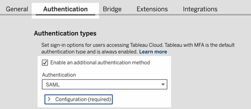 Screenshot der Seite mit den Einstellungen für die Tableau Cloud-Site-Authentifizierung