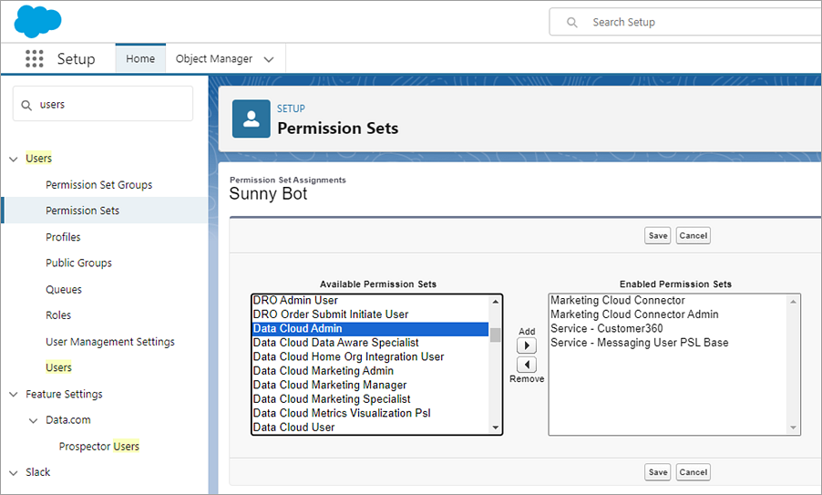 Die Seite „Permission Sets“ (Berechtigungssätze) in Salesforce.