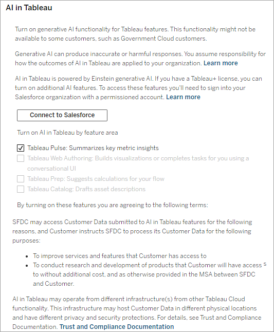 Ein Abschnitt auf der Seite „Site Settings“ (Siteeinstellungen), Registerkarte „General“ (Allgemein) mit dem Titel „AI in Tableau“ (KI in Tableau), in dem Sie generative KI-Features aktivieren können.