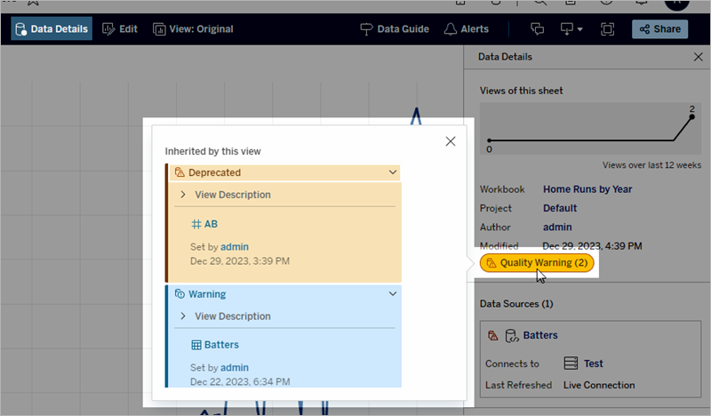 Data quality warning on Data Details pane