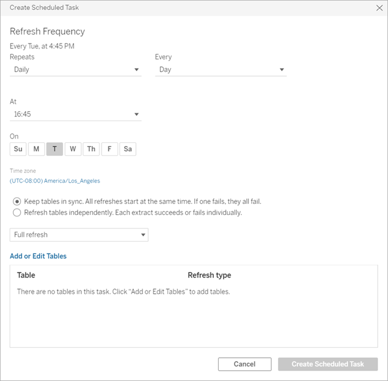 Create Scheduled Task dialog box on Tableau Online