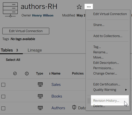 The actions menu with Revision History highlighted