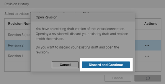 The “Open Revision” dialog with “Discard and Continue” highlighted.