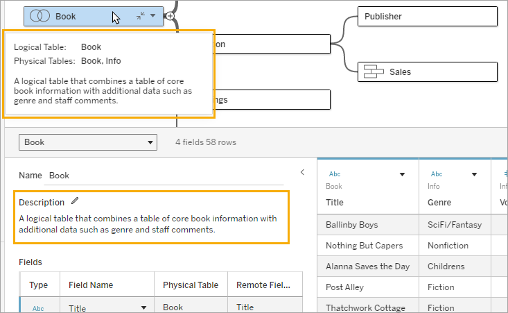 A table's tooltip with a description of the field and a highlight around the description section of the bottom pane